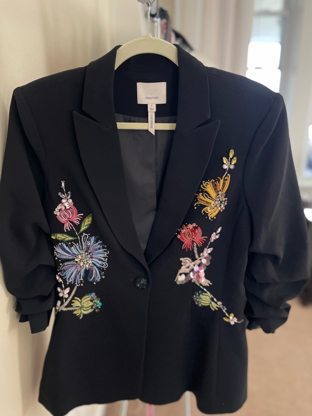 Cinq A Sept- Cheyenne Sequin-Embellished Floral-Embroidered Scrunched Blazer